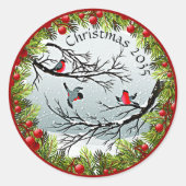 雪のカスタム中の鳥の松の針赤い果実 ラウンドシール (正面)