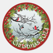 雪のカスタム中の鳥の松の針赤い果実 ラウンドシール (正面)