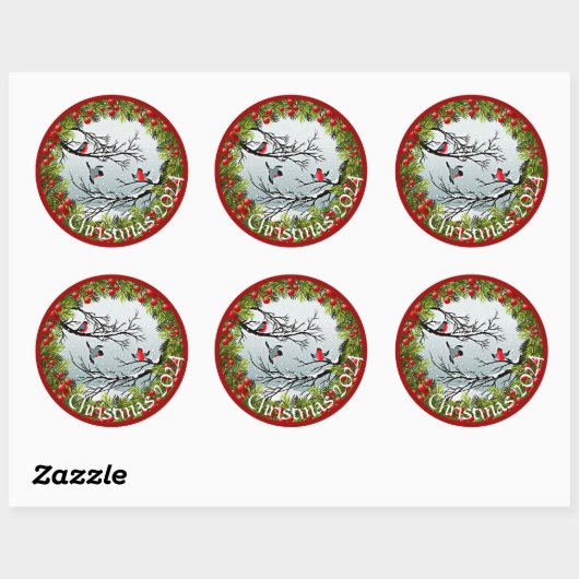 雪のカスタム中の鳥の松の針赤い果実 ラウンドシール (シート)