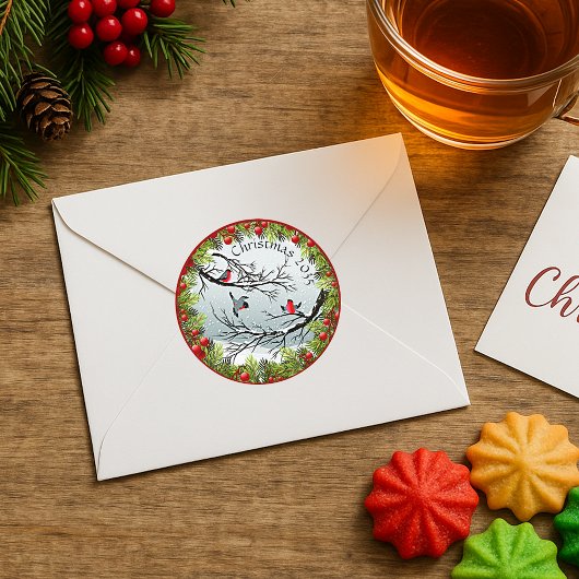 雪のカスタム中の鳥の松の針赤い果実 ラウンドシール