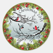 雪のカスタム中の鳥の松の針赤い果実 ラウンドシール (正面)