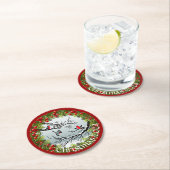 雪のカスタム中の鳥の松の針赤い果実 ラウンドペーパーコースター (インサイチュ)