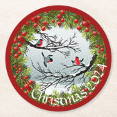 雪のカスタム中の鳥の松の針赤い果実 ラウンドペーパーコースター (正面)