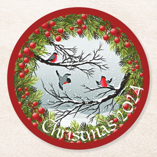 雪のカスタム中の鳥の松の針赤い果実 ラウンドペーパーコースター (正面)