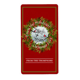 雪のカスタム中の鳥の松の針赤い果実 ラベル