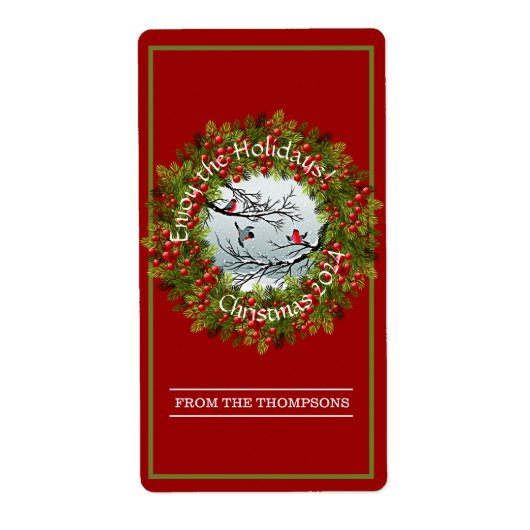 雪のカスタム中の鳥の松の針赤い果実 ラベル (正面)