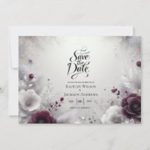 雪のキスを受けた梅とアイボリーの花のSave the Date