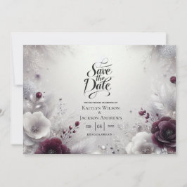 雪のキスを受けた梅とアイボリーの花のSave the Date セーブザデート