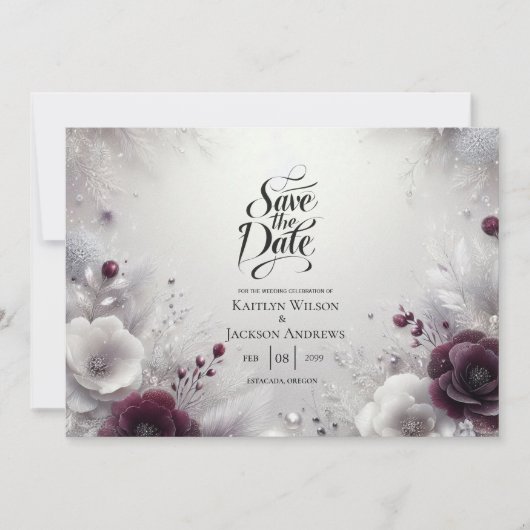 雪のキスを受けた梅とアイボリーの花のSave the Date セーブザデート (正面)