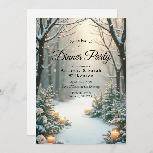 雪のキャンドルライトの霜の降りた常緑樹 招待状 (正面/裏面)