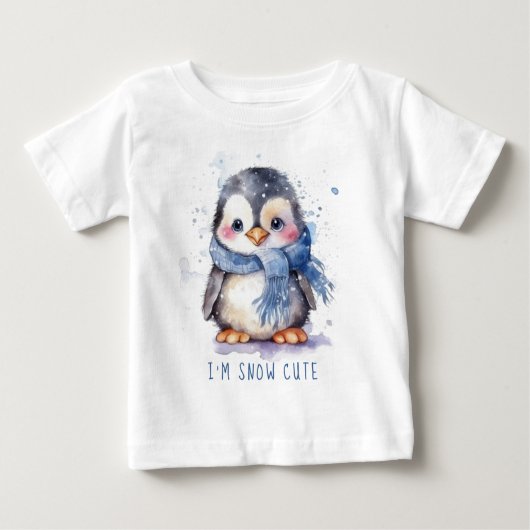 雪のキュートな水彩冬のホリデーペンギン ベビーTシャツ (正面)