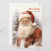 雪のクラシック多い森の中で微笑むサンタクロース シーズンカード (正面/裏面)