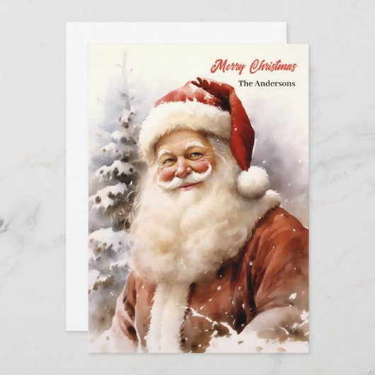 雪のクラシック多い森の中で微笑むサンタクロース シーズンカード (正面/裏面)