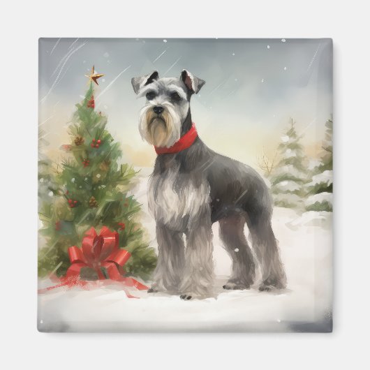 雪のクリスマスとシュナウザー マグネット (正面)