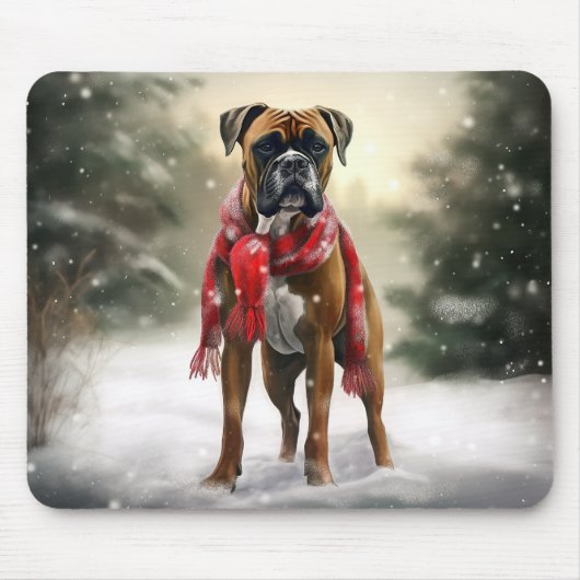 雪のクリスマスとボクサー犬 マウスパッド (正面)
