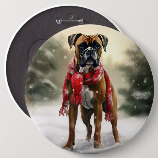 雪のクリスマスとボクサー犬 缶バッジ (正面&裏面)