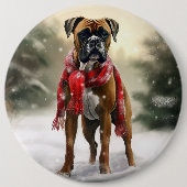 雪のクリスマスとボクサー犬 缶バッジ (正面)