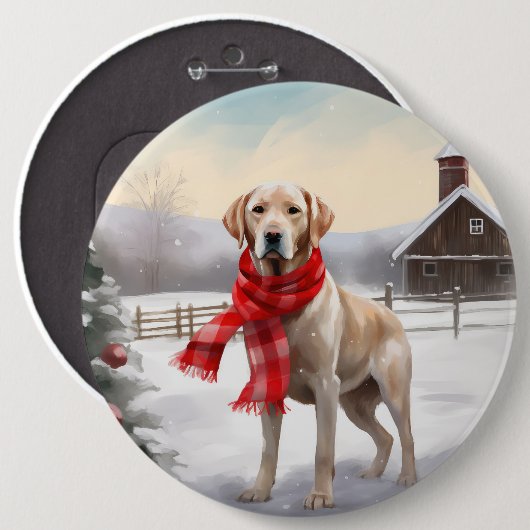 雪のクリスマスとラブラドール犬 缶バッジ (正面&裏面)