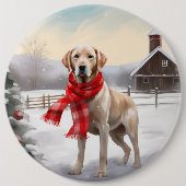 雪のクリスマスとラブラドール犬 缶バッジ (正面)