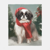 雪のクリスマスと日本狆 フリースブランケット (正面)