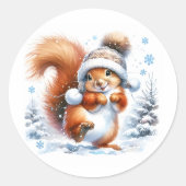 雪のクリスマスにかわいいリス ラウンドシール (正面)