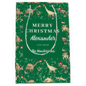 雪のクリスマスにかわいい恐竜パーソナライズされた ミディアムペーパーバッグ (正面)