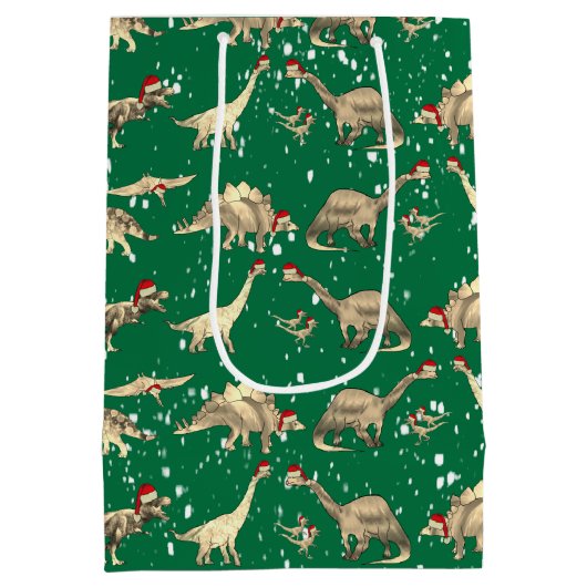 雪のクリスマスにかわいい恐竜パーソナライズされた ミディアムペーパーバッグ (裏面)