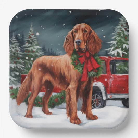雪のクリスマスにアイルランドの赤いセッター犬 ペーパープレート (正面)