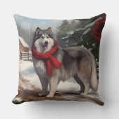 雪のクリスマスにアラスカンマラムート犬 クッション (正面)