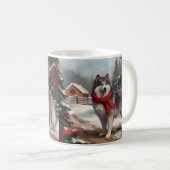 雪のクリスマスにアラスカンマラムート犬 コーヒーマグカップ (正面右)