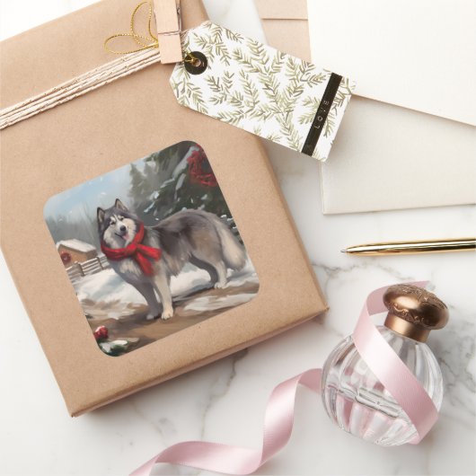 雪のクリスマスにアラスカンマラムート犬 スクエアシール (ギフト)