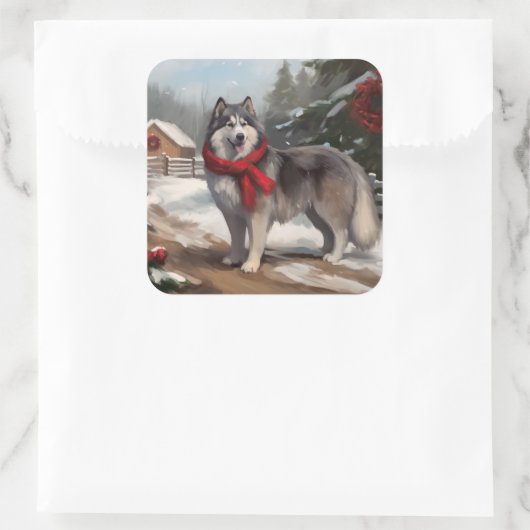 雪のクリスマスにアラスカンマラムート犬 スクエアシール (バッグ)