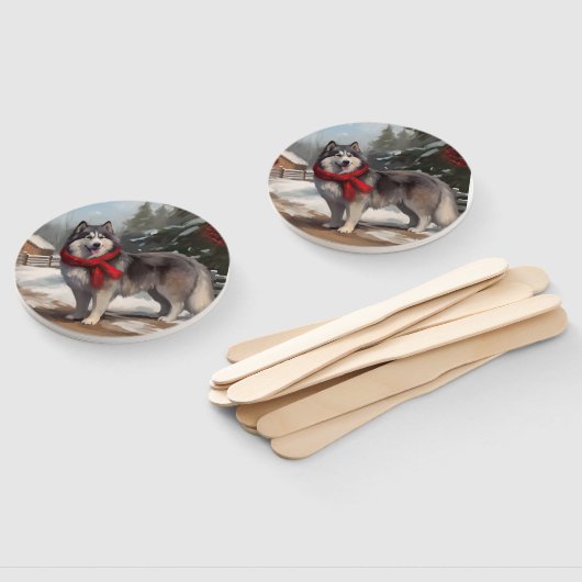 雪のクリスマスにアラスカンマラムート犬 ハンドファン (組立なし)