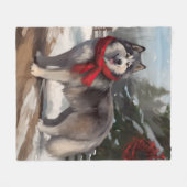 雪のクリスマスにアラスカンマラムート犬 フリースブランケット (正面(横))