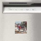 雪のクリスマスにアラスカンマラムート犬 マグネット (インサイチュ (食洗機))