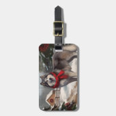 雪のクリスマスにアラスカンマラムート犬 ラゲッジタグ (正面縦)