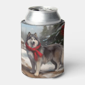 雪のクリスマスにアラスカンマラムート犬 缶クーラー (缶正面)