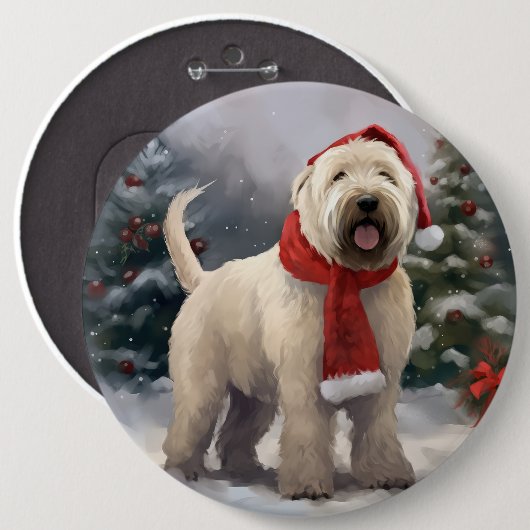 雪のクリスマスにウィートテリア犬 缶バッジ (正面&裏面)