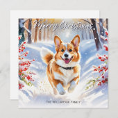 雪のクリスマスにウェルシュコーギー犬のペンブローク シーズンカード (正面/裏面)