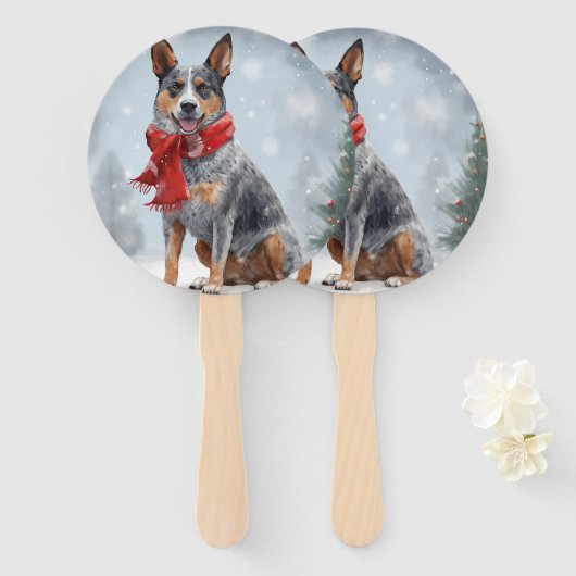 雪のクリスマスにオーストラリアの牛の犬 ハンドファン (正面&裏面)