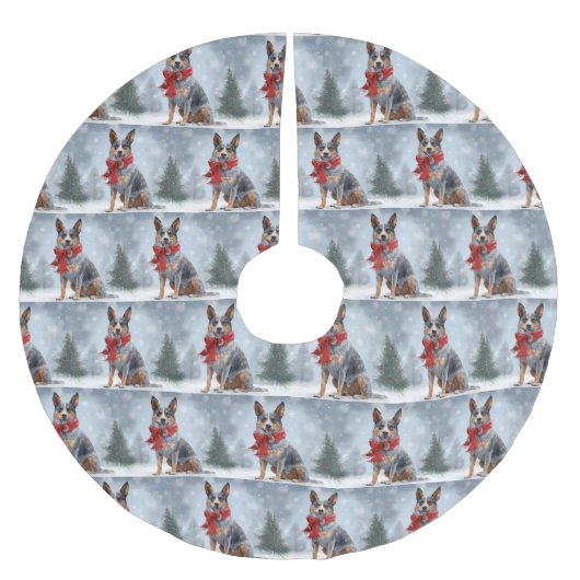 雪のクリスマスにオーストラリアの牛の犬 ブラッシュドポリエステルツリースカート (正面)