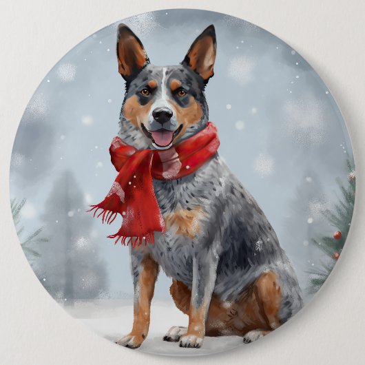 雪のクリスマスにオーストラリアの牛の犬 缶バッジ (正面)