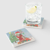 雪のクリスマスにオーストラリアの羊飼い犬 ストーンコースター (横)