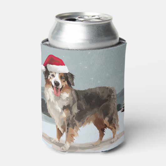 雪のクリスマスにオーストラリアの羊飼い犬 缶クーラー (缶正面)