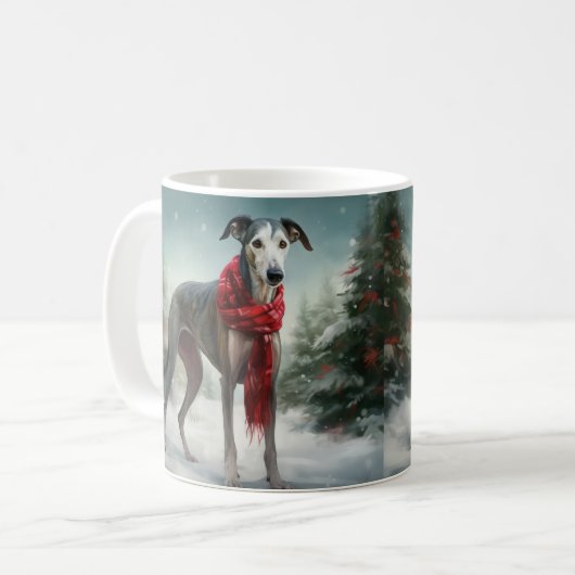 雪のクリスマスにグレイハウンド犬 コーヒーマグカップ (正面左)