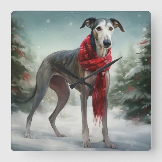 雪のクリスマスにグレイハウンド犬 スクエア壁時計 (正面)