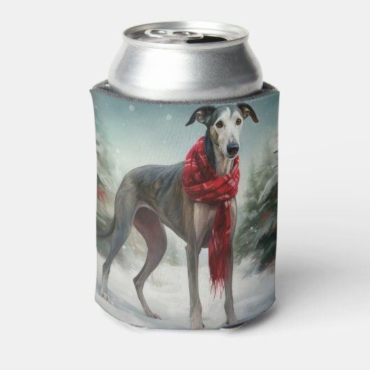 雪のクリスマスにグレイハウンド犬 缶クーラー (缶裏面)