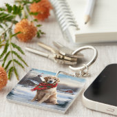 雪のクリスマスにゴールデンレトリバー犬 キーホルダー (正面右)