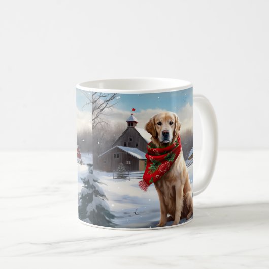 雪のクリスマスにゴールデンレトリバー犬 コーヒーマグカップ (正面右)