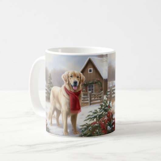 雪のクリスマスにゴールデンレトリバー犬 コーヒーマグカップ (正面左)